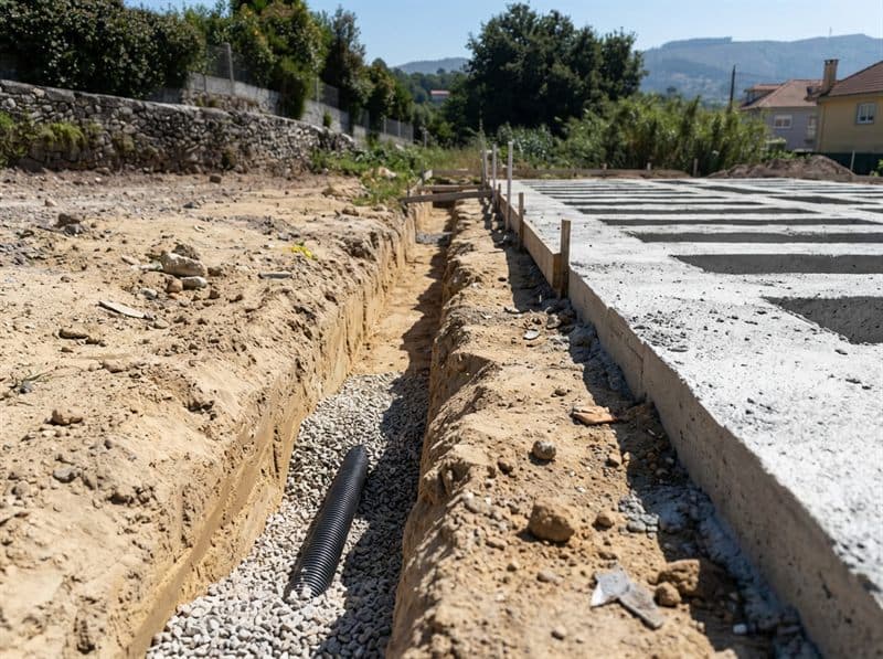 Cimentación y red de saneamiento excavadas en una vivienda de Vigo