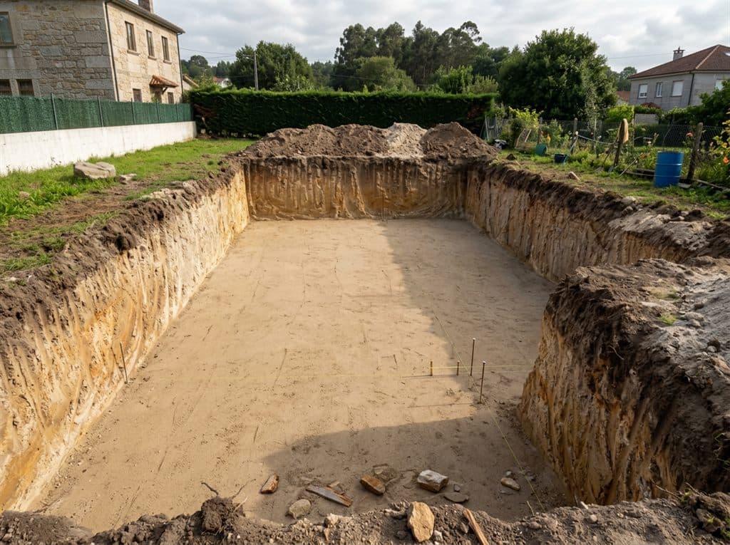 Excavación del hueco para una piscina en una parcela de Vigo
